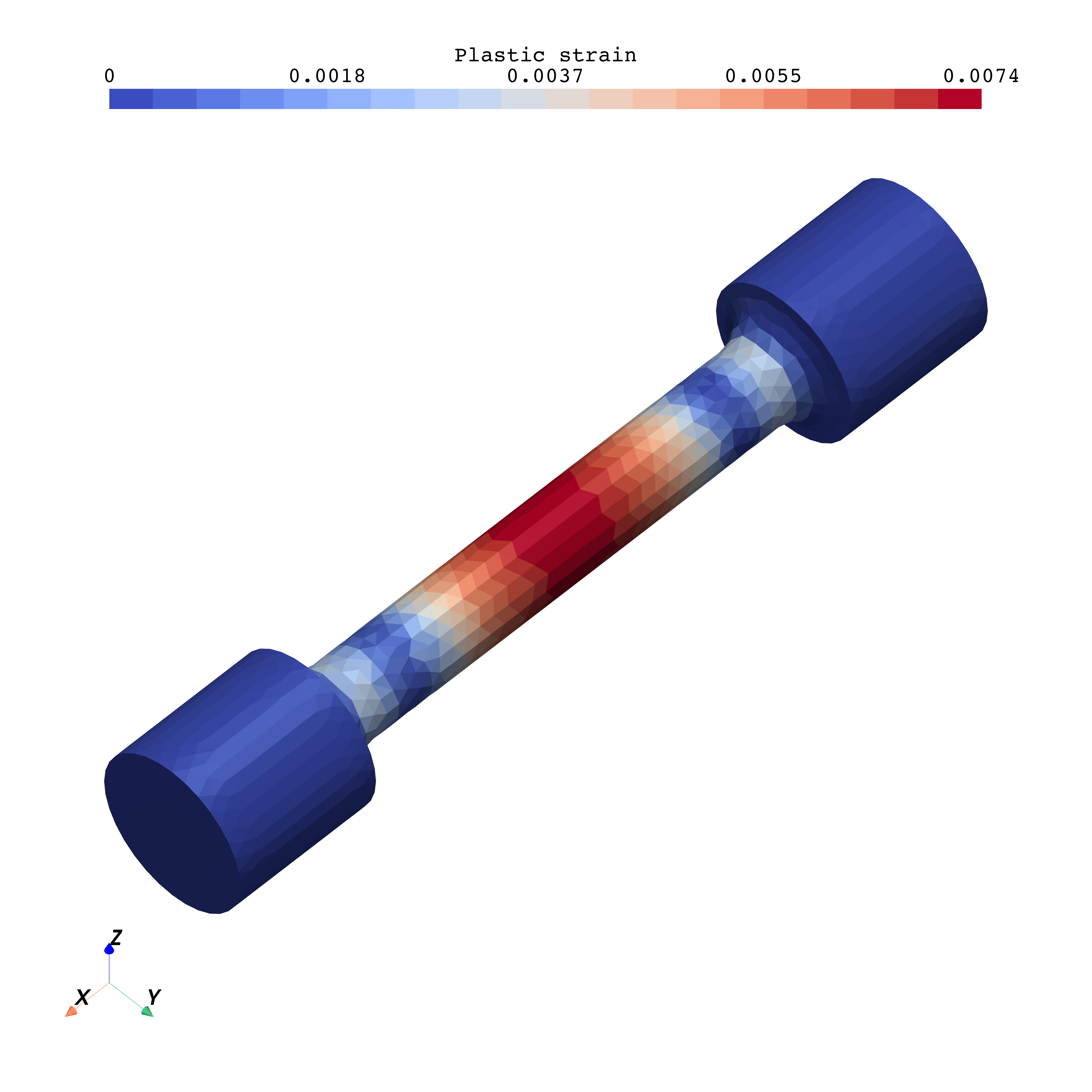 Deformed dog-bone specimen coloured by accumulated plastic strain magnitude.