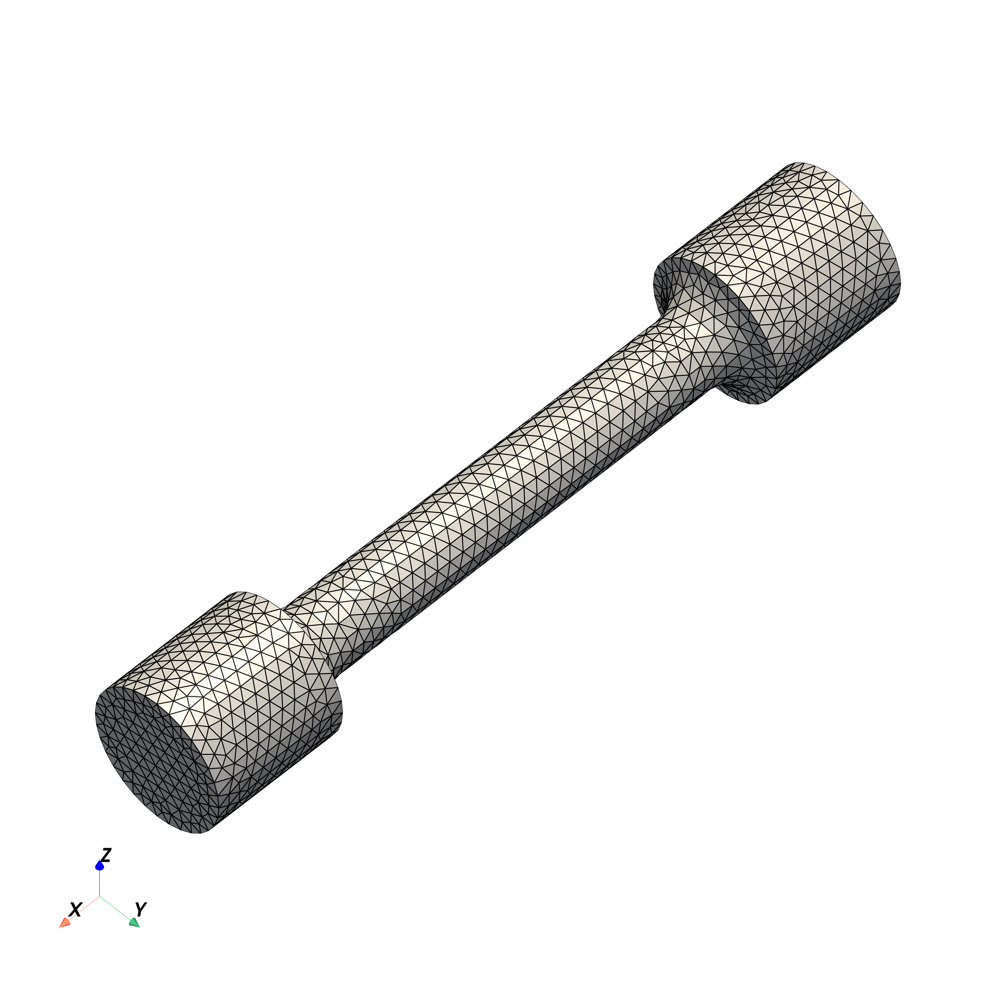 ISO 6892 dog-bone tensile specimen mesh used for the J2 plasticity simulation.